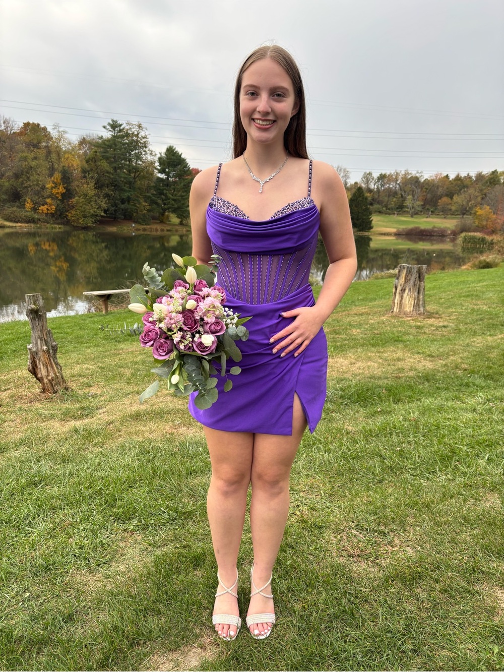 Beaded Cowl-Neck Purple Short Dress with Side Slit
